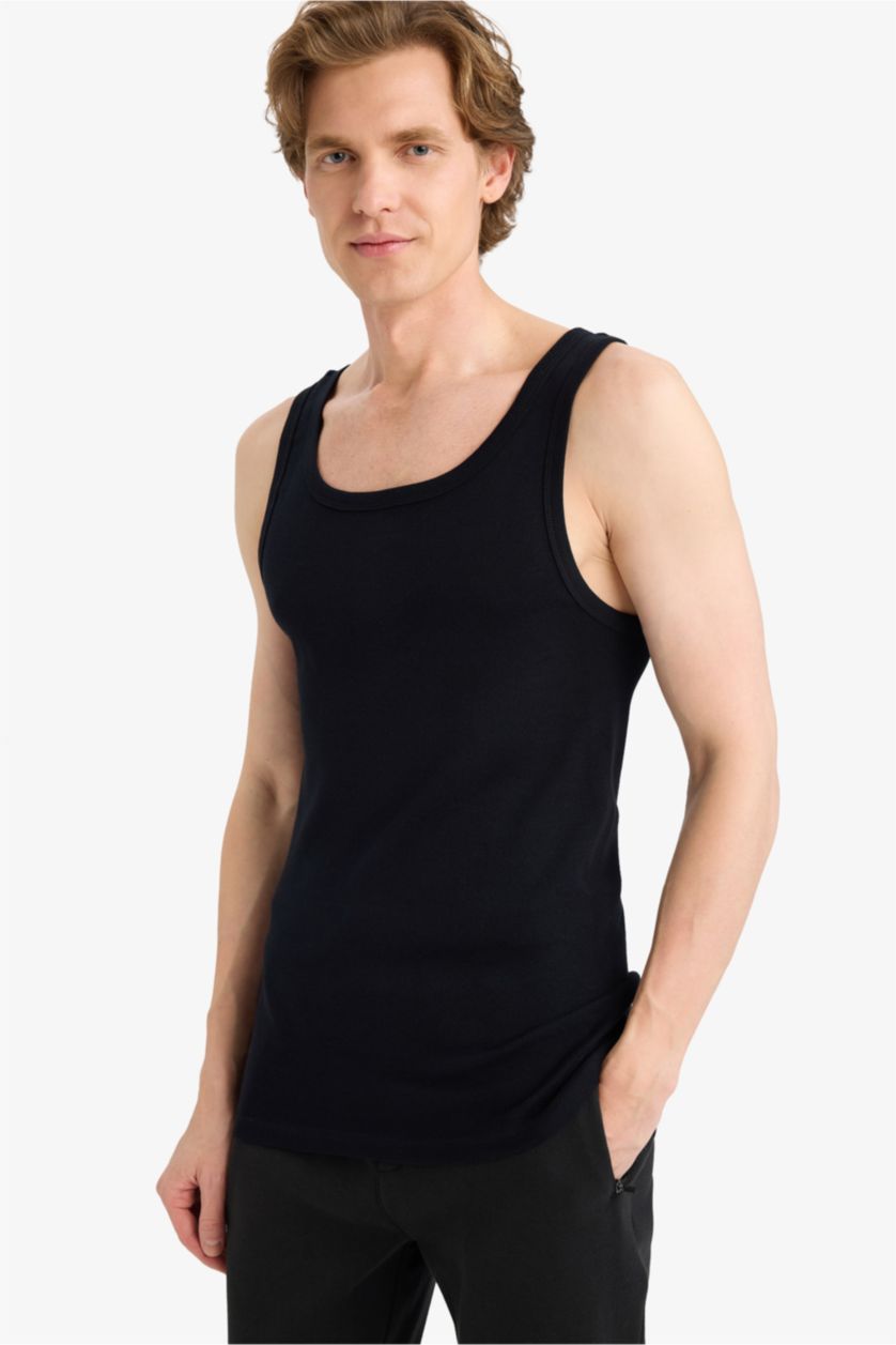 Men Black Cotton Slim Fit Ribbed 2 Piece Undershirts