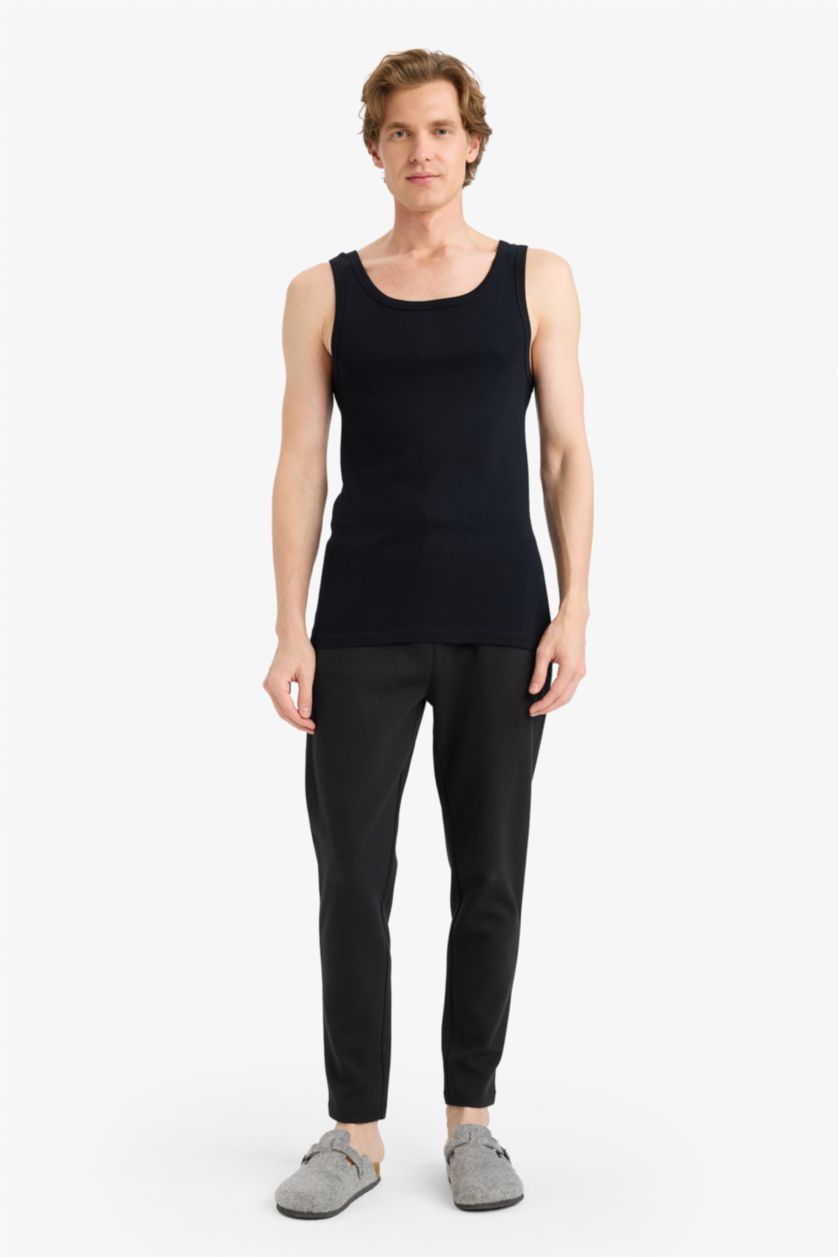 Men Black Cotton Slim Fit Ribbed 2 Piece Undershirts