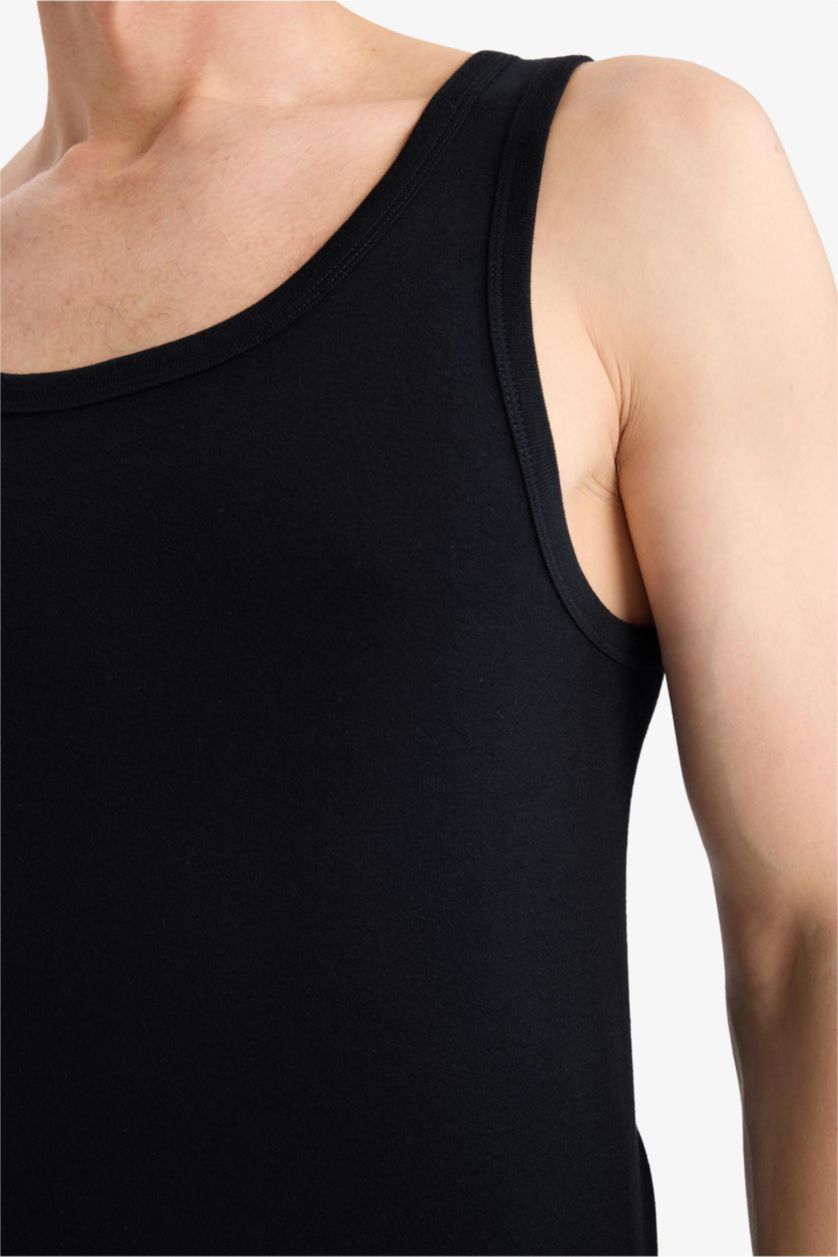 Men Black Cotton Slim Fit Ribbed 2 Piece Undershirts