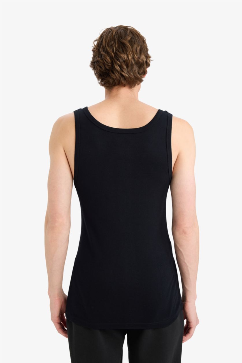 Men Black Cotton Slim Fit Ribbed 2 Piece Undershirts