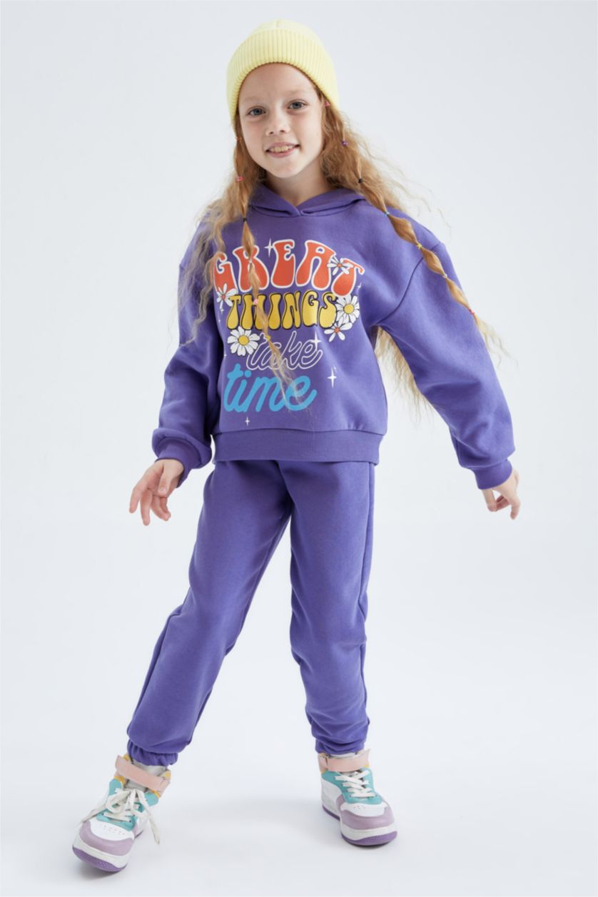 بنات بنفسجي طقم بناتي سويت شيرت و بنطلون رياضي قصة عادية بغطاء للرأس