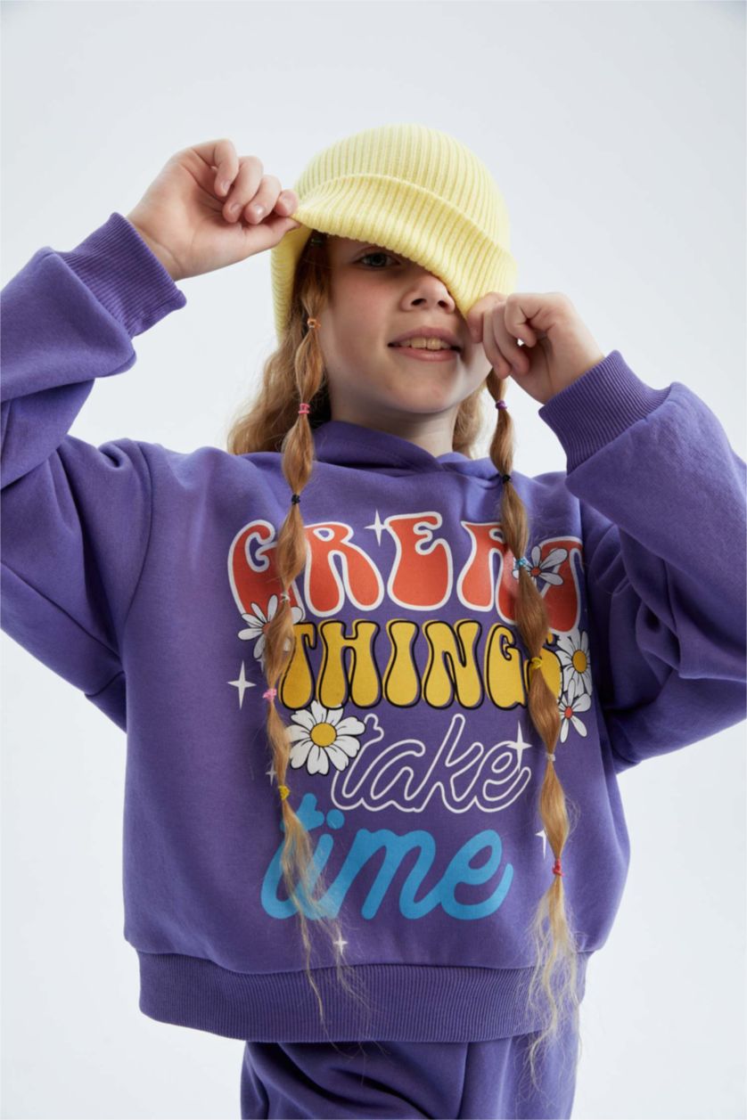 بنات بنفسجي طقم بناتي سويت شيرت و بنطلون رياضي قصة عادية بغطاء للرأس