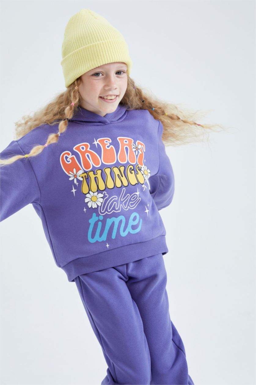 بنات بنفسجي طقم بناتي سويت شيرت و بنطلون رياضي قصة عادية بغطاء للرأس
