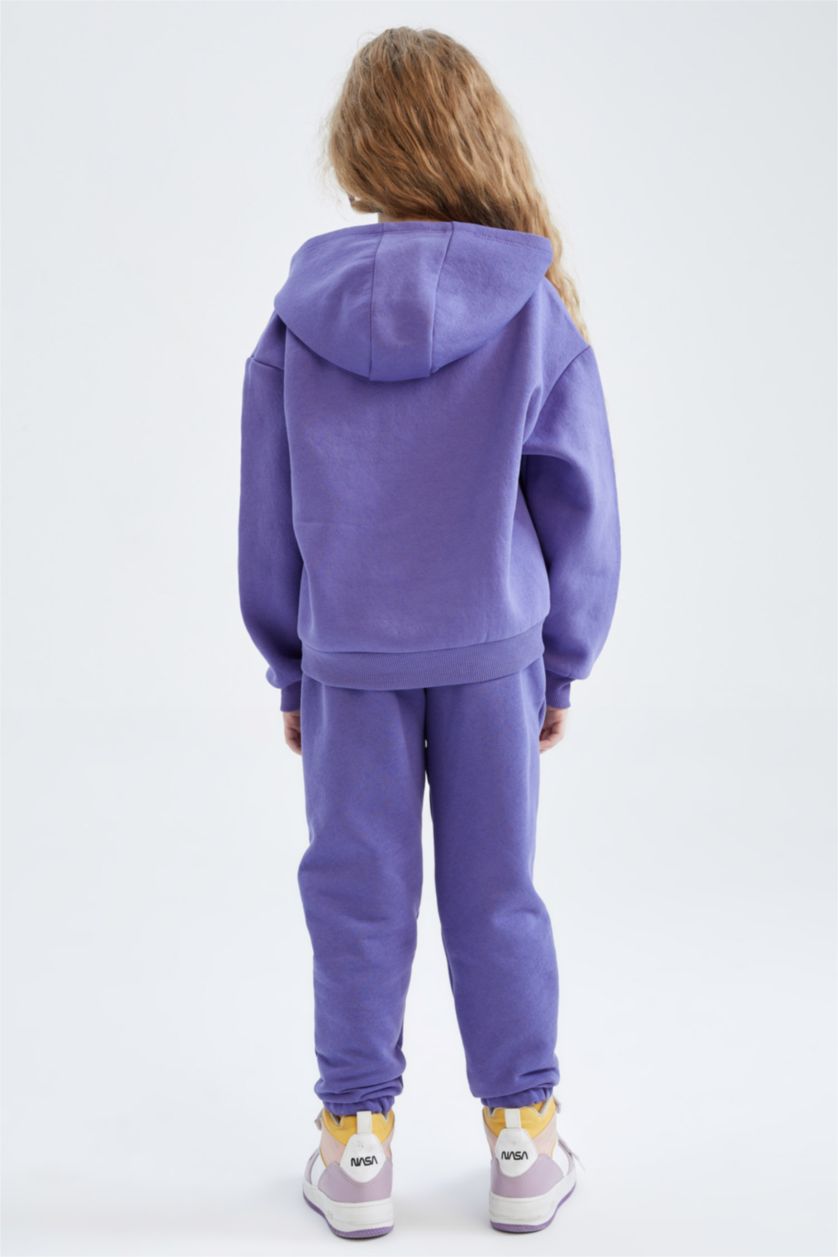 بنات بنفسجي طقم بناتي سويت شيرت و بنطلون رياضي قصة عادية بغطاء للرأس