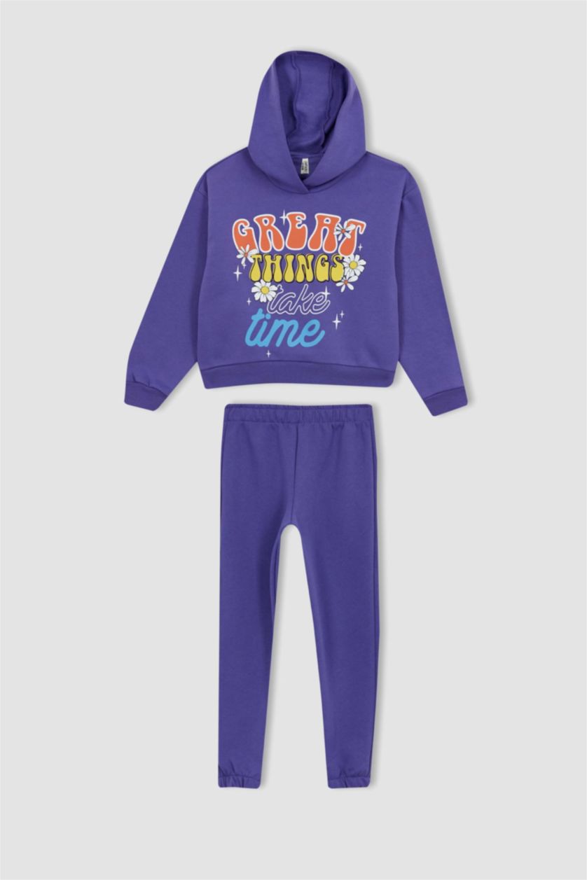 بنات بنفسجي طقم بناتي سويت شيرت و بنطلون رياضي قصة عادية بغطاء للرأس