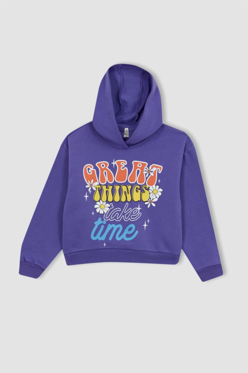 بنات بنفسجي طقم بناتي سويت شيرت و بنطلون رياضي قصة عادية بغطاء للرأس