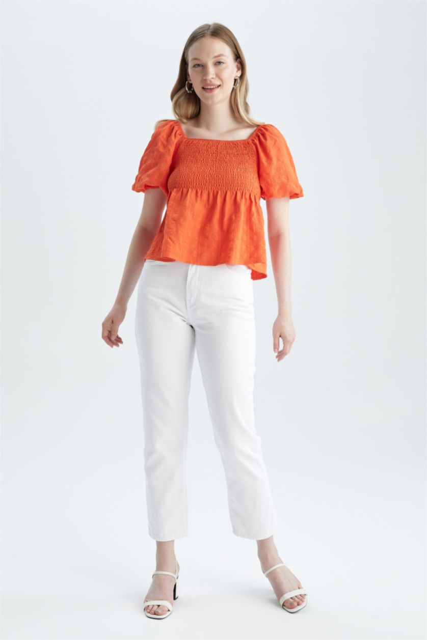 FEMME Rouge Blouse à Manches Courtes Coupe Slim Col Carré