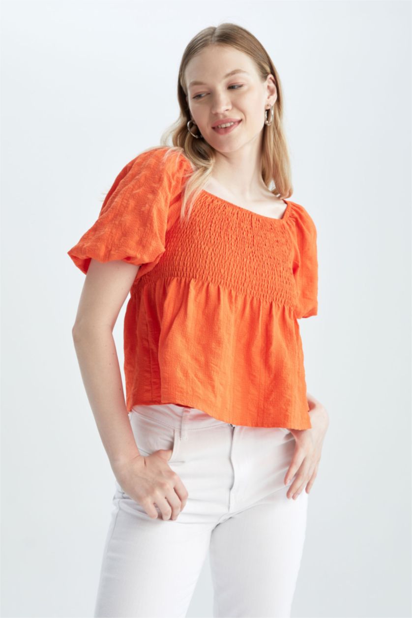 FEMME Rouge Blouse à Manches Courtes Coupe Slim Col Carré