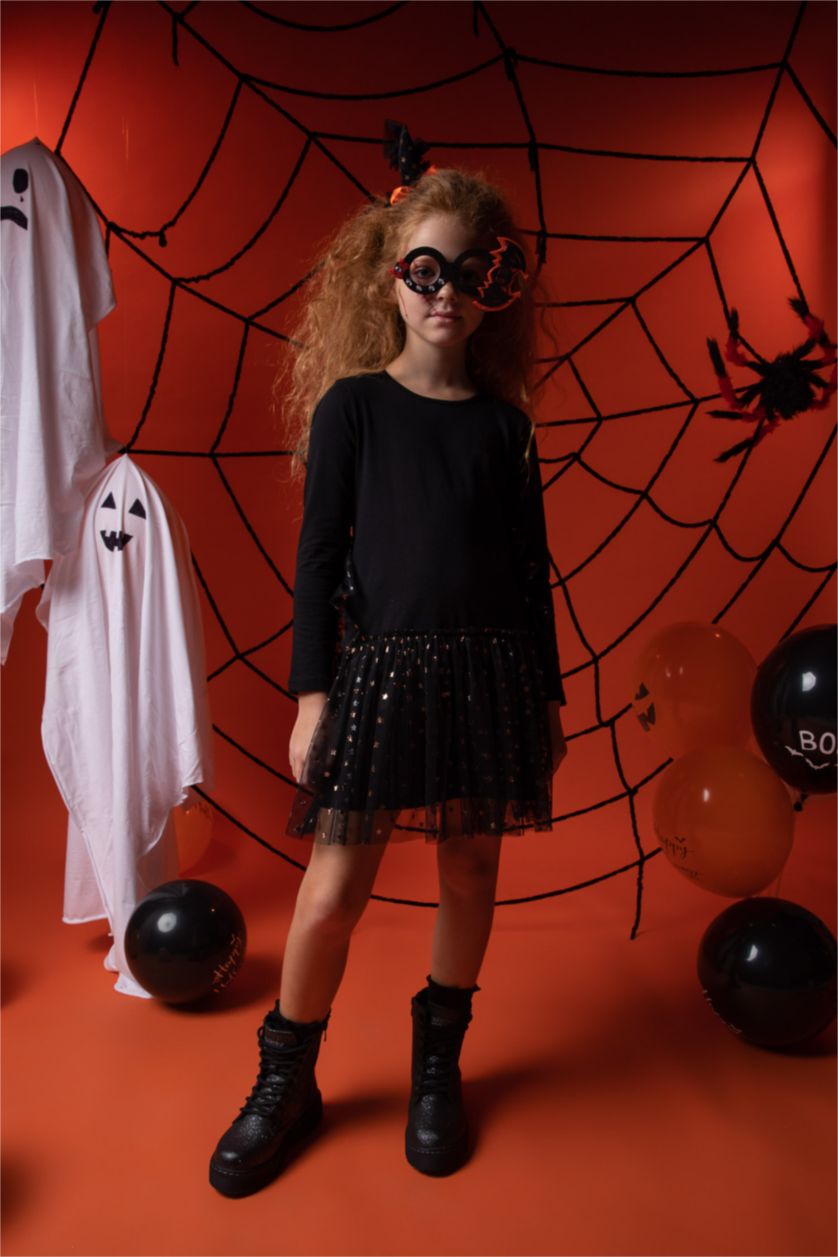 FILLES Noir Robe En Tricot Tulle Manche Longue