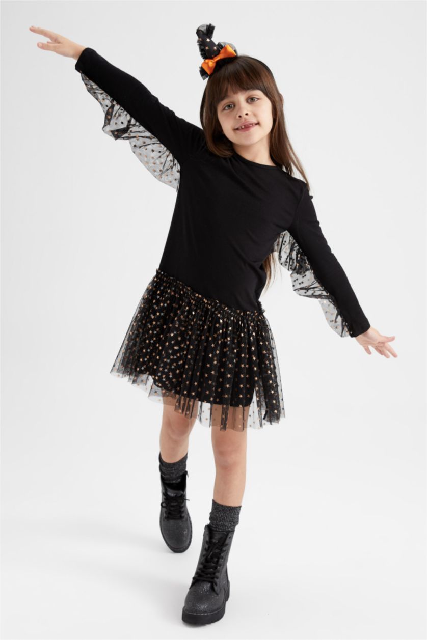 FILLES Noir Robe En Tricot Tulle Manche Longue
