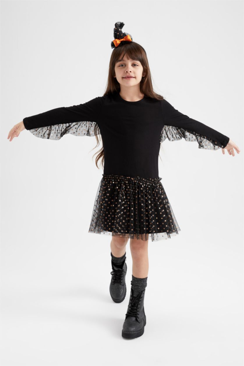 FILLES Noir Robe En Tricot Tulle Manche Longue
