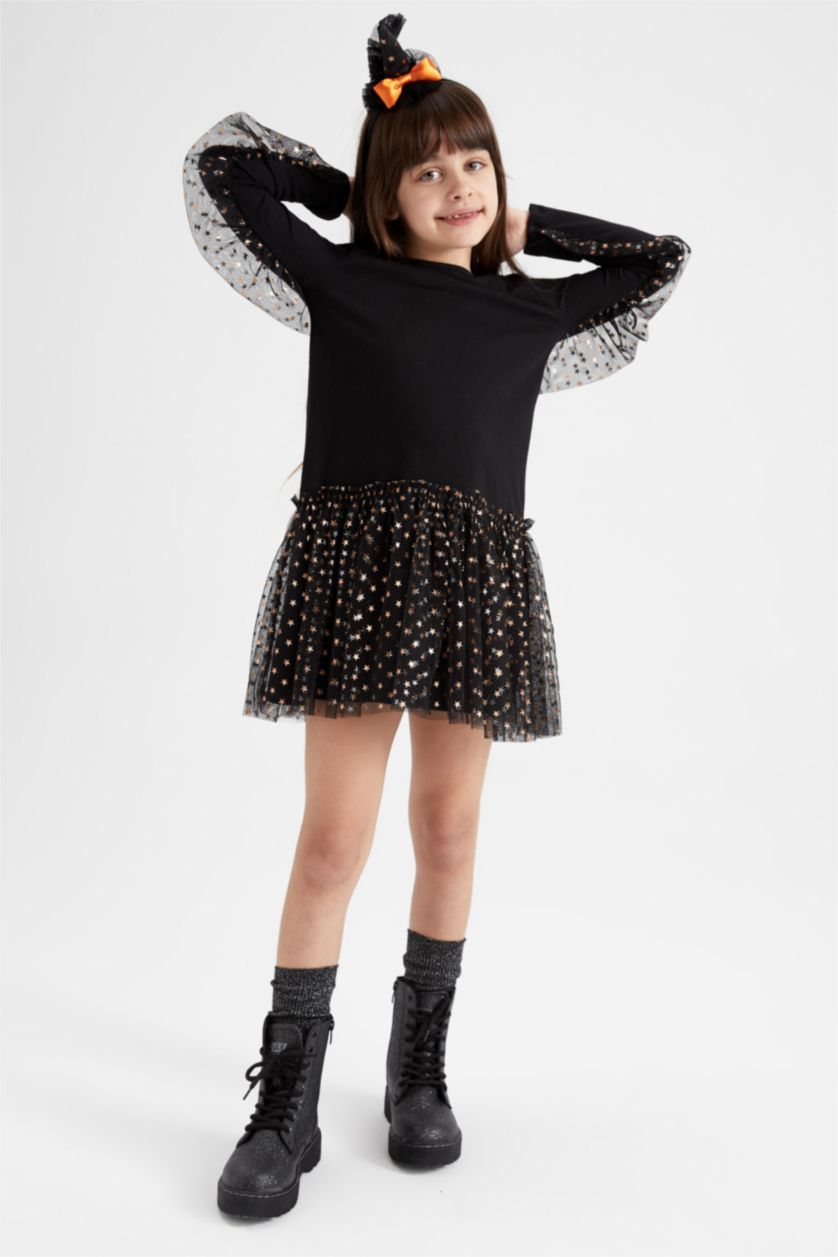 FILLES Noir Robe En Tricot Tulle Manche Longue