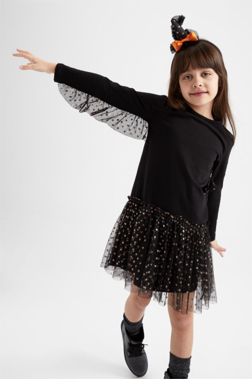 FILLES Noir Robe En Tricot Tulle Manche Longue