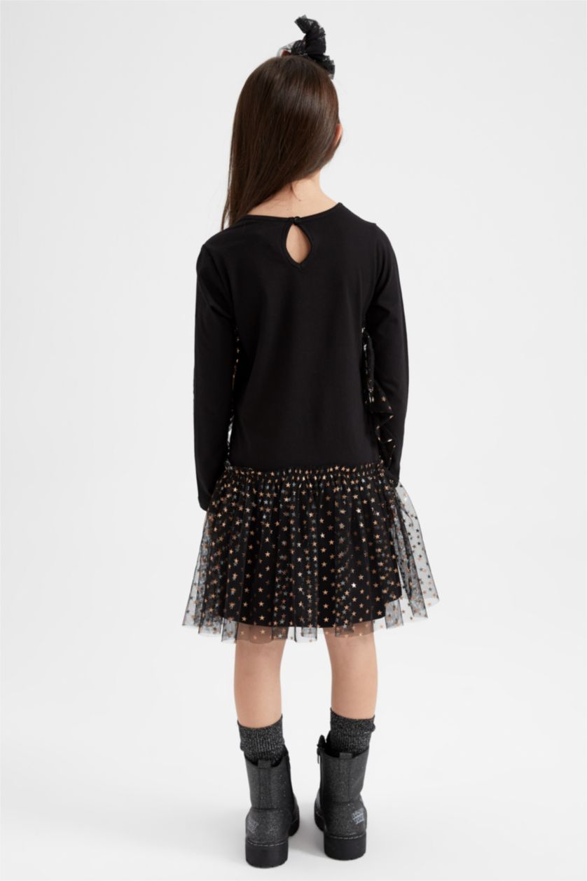 FILLES Noir Robe En Tricot Tulle Manche Longue