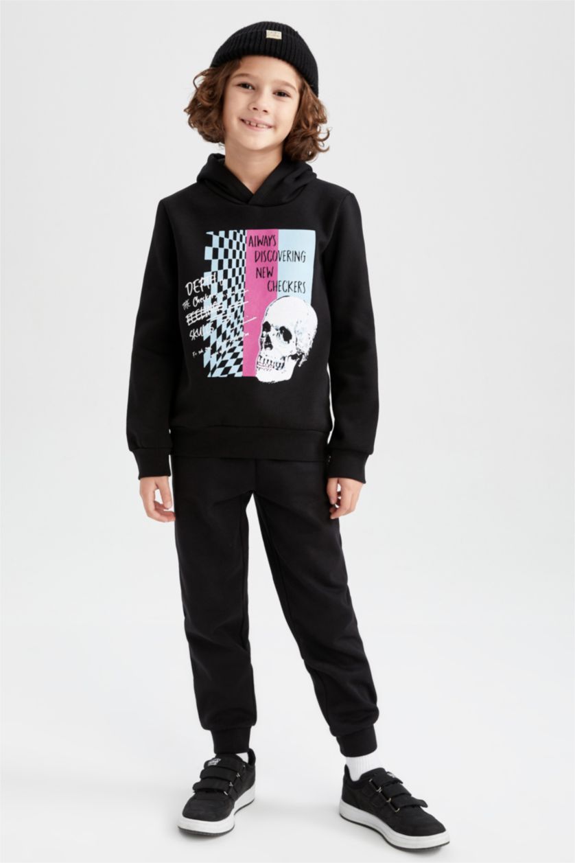 أولاد أسود طقم ولادي قصة عادية كم طويل بغطاء للرأس - قطعتين معاد تدويره