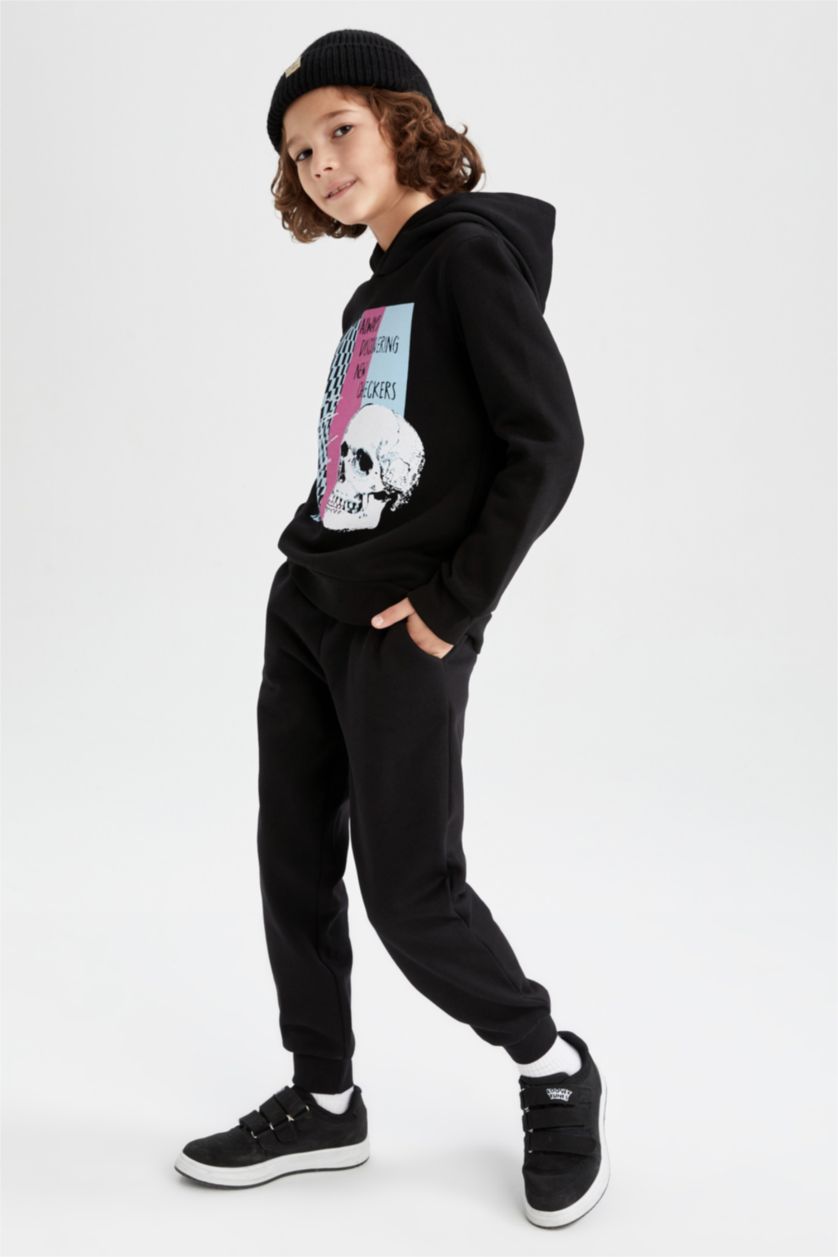 أولاد أسود طقم ولادي قصة عادية كم طويل بغطاء للرأس - قطعتين معاد تدويره