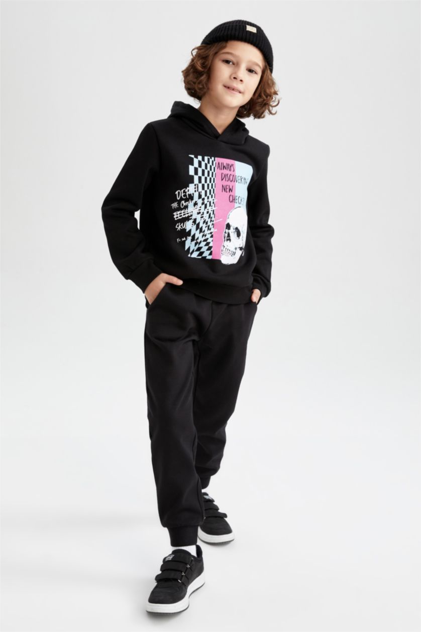 أولاد أسود طقم ولادي قصة عادية كم طويل بغطاء للرأس - قطعتين معاد تدويره