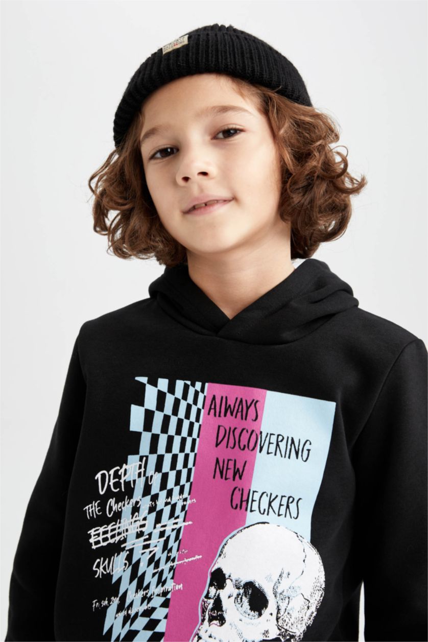 أولاد أسود طقم ولادي قصة عادية كم طويل بغطاء للرأس - قطعتين معاد تدويره