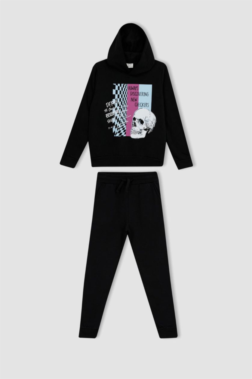 أولاد أسود طقم ولادي قصة عادية كم طويل بغطاء للرأس - قطعتين معاد تدويره