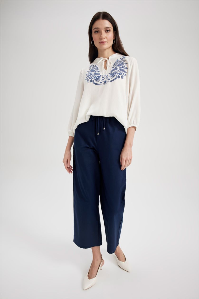 Kadın Lacivert Wıde Leg Keten Karışımlı Pantolon