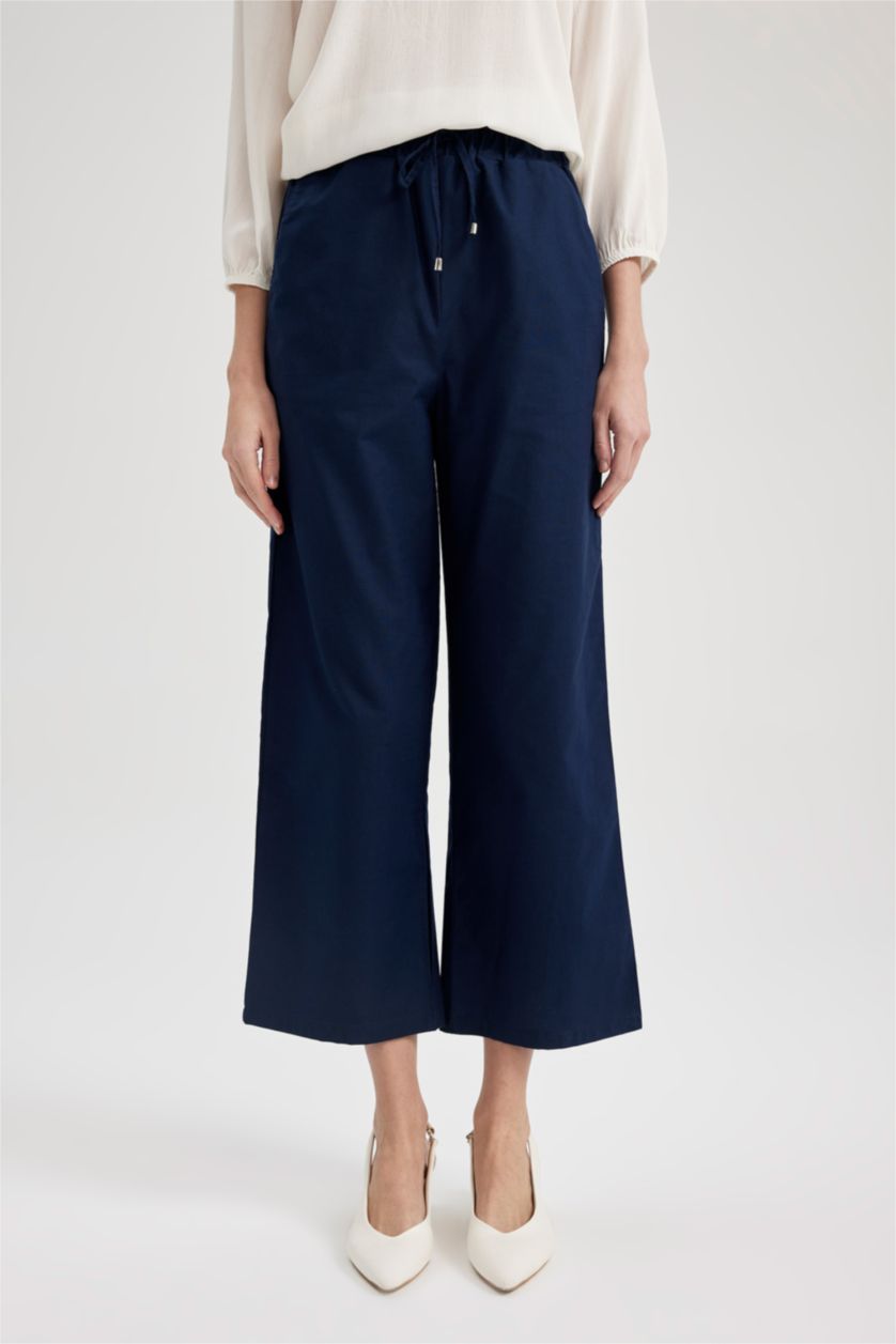 Kadın Lacivert Wıde Leg Keten Karışımlı Pantolon