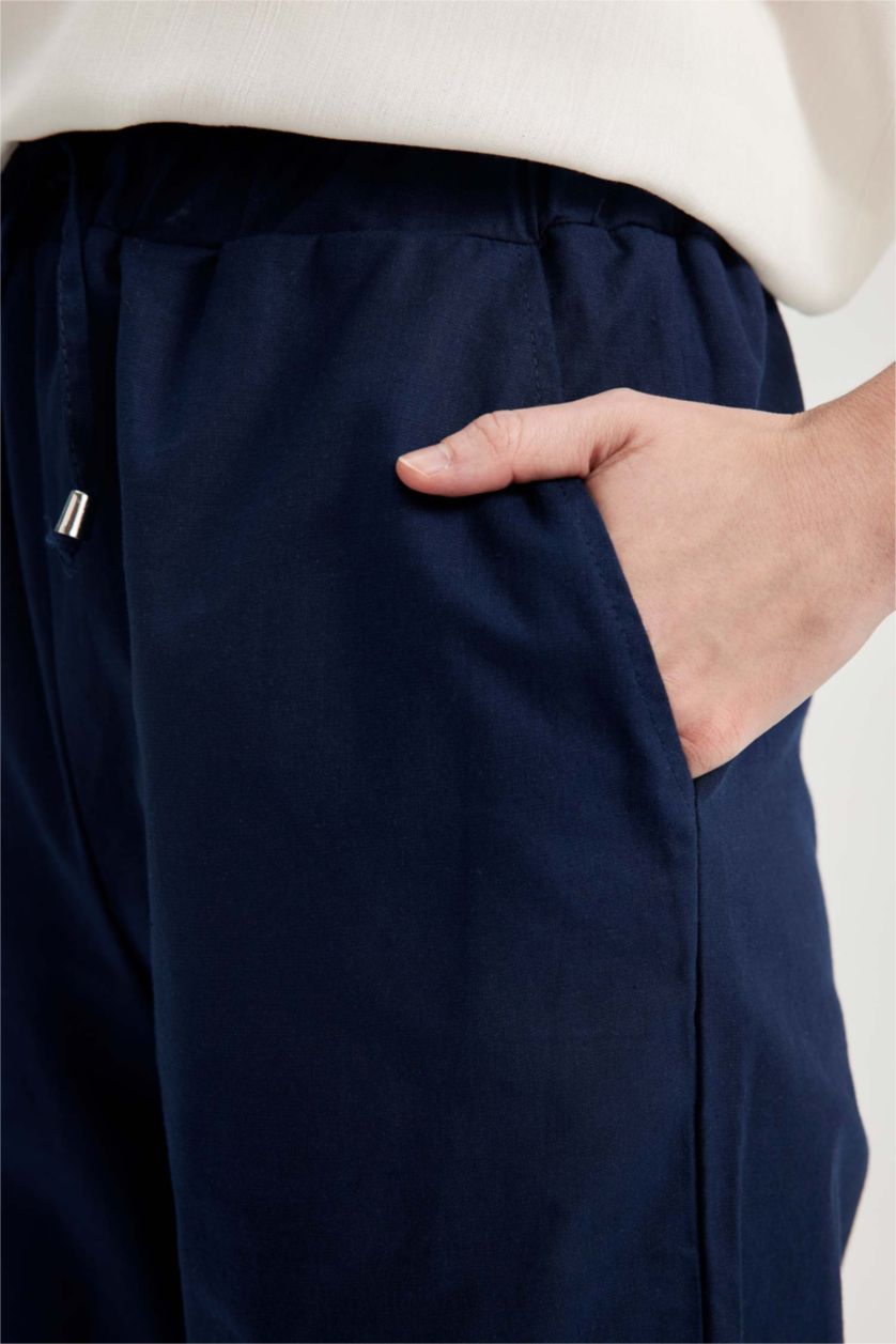 Kadın Lacivert Wıde Leg Keten Karışımlı Pantolon