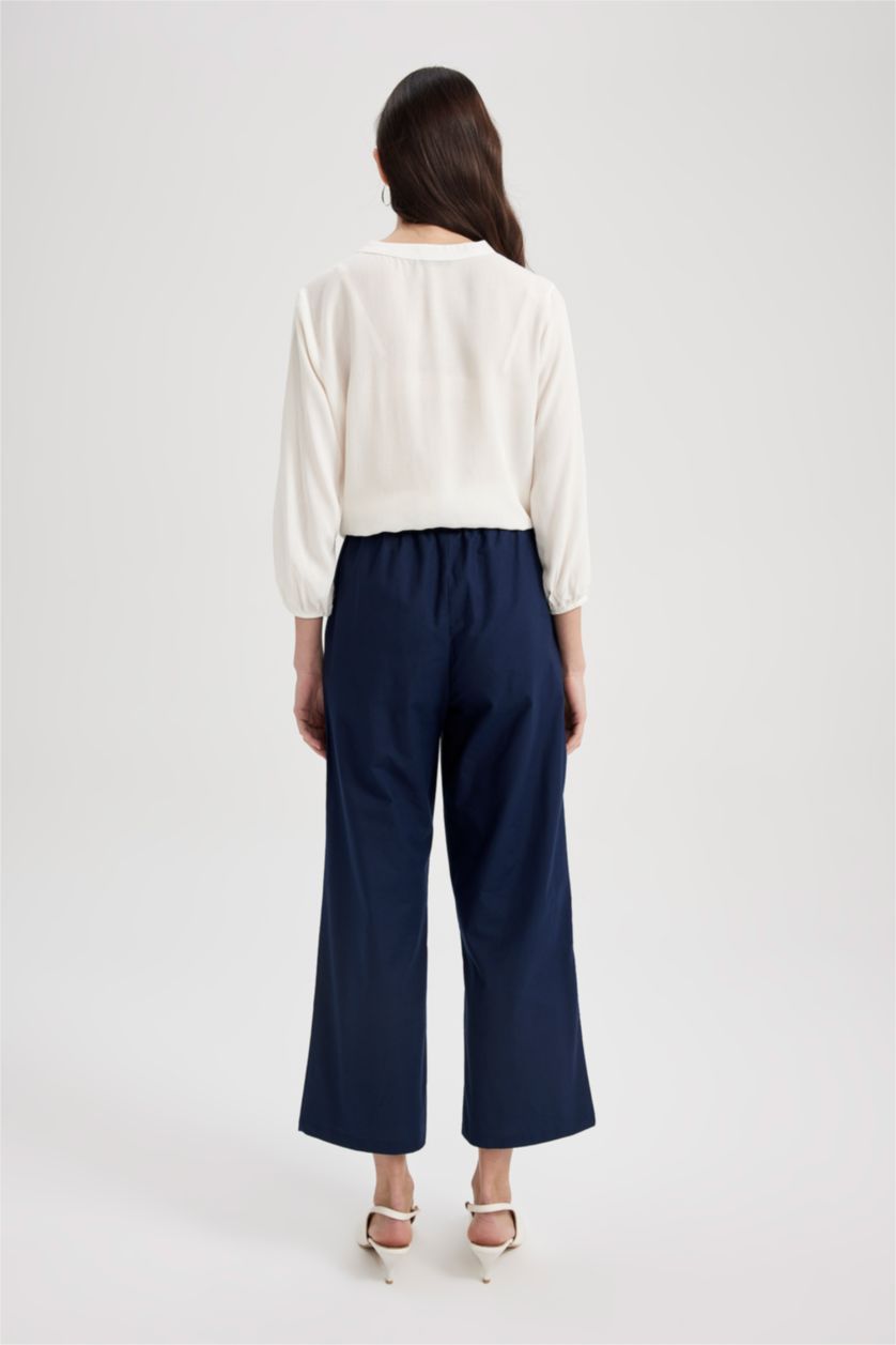 Kadın Lacivert Wıde Leg Keten Karışımlı Pantolon