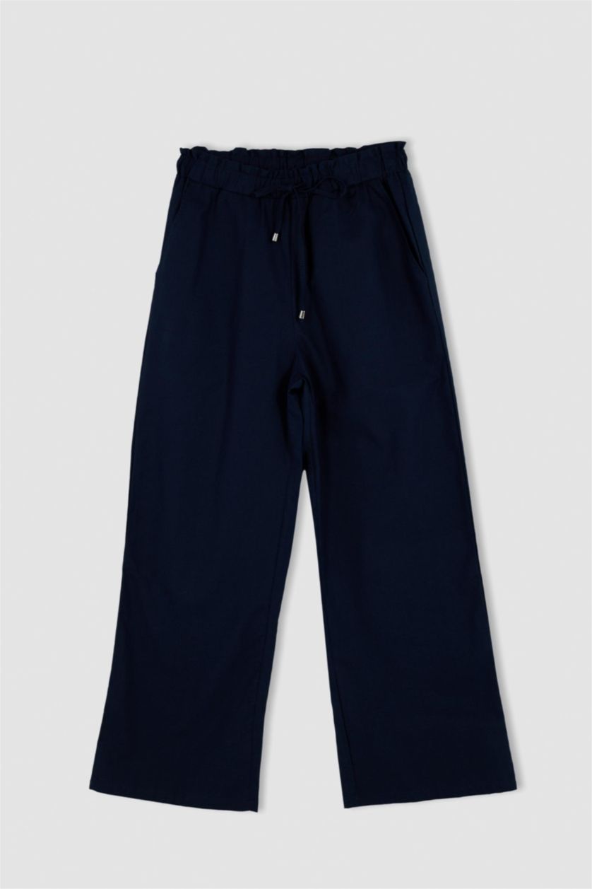 Kadın Lacivert Wıde Leg Keten Karışımlı Pantolon