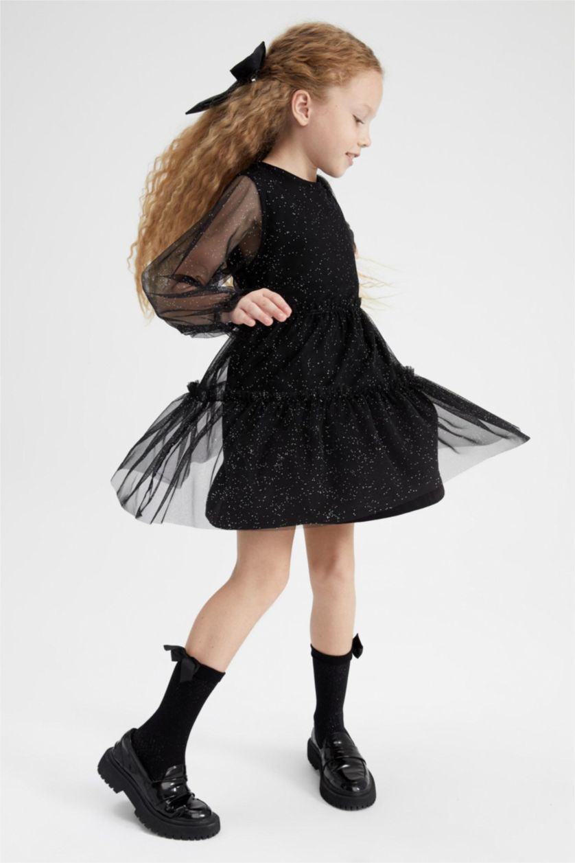 بنات أسود فستان مخمل بناتي من التول كم طويل