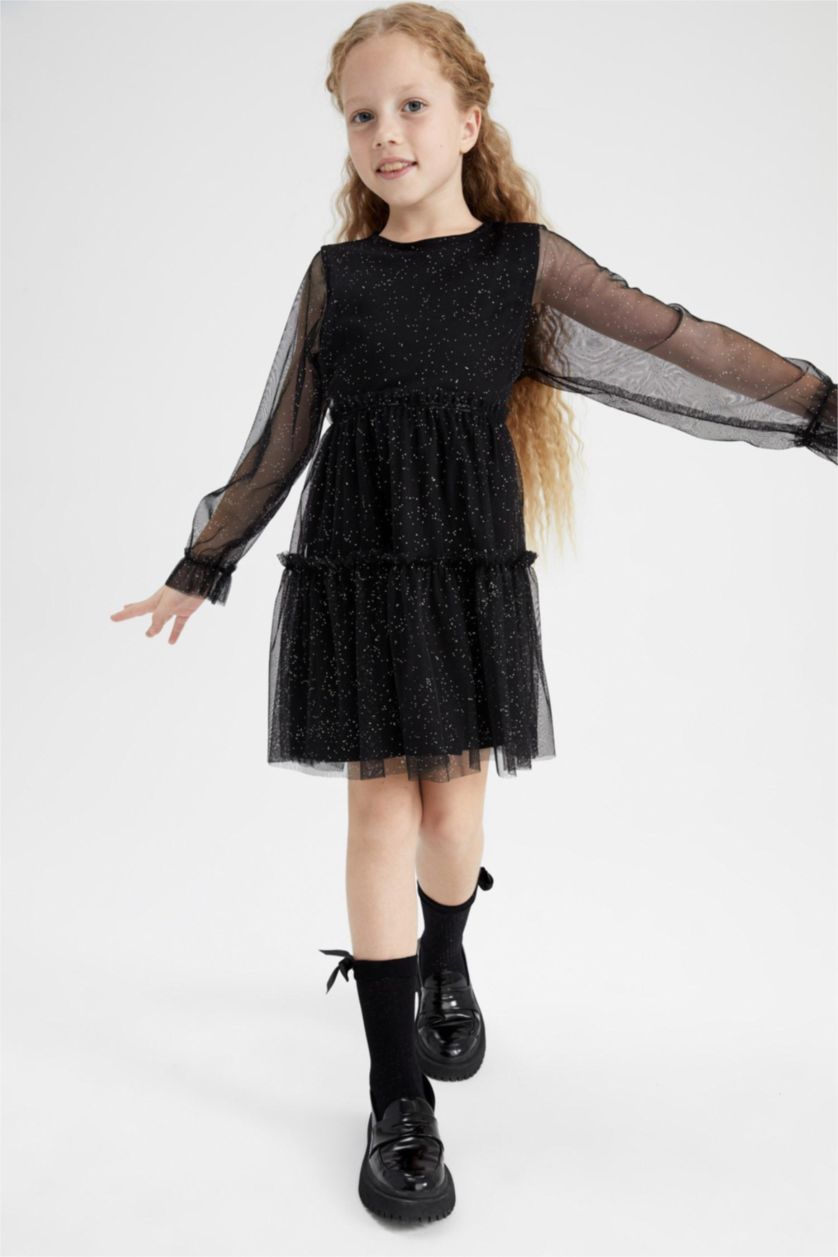 بنات أسود فستان مخمل بناتي من التول كم طويل