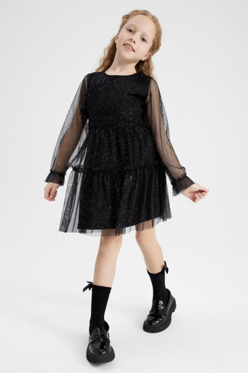 بنات أسود فستان مخمل بناتي من التول كم طويل