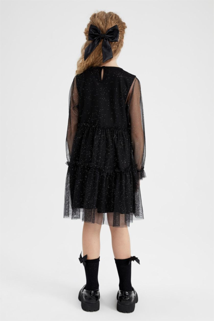 بنات أسود فستان مخمل بناتي من التول كم طويل