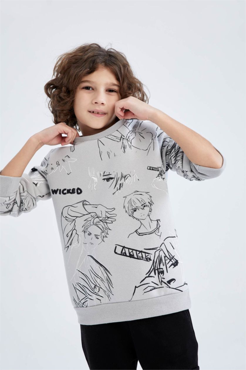 BOYS & TEENS Light Grey Regular Fit Printed Crew Neck Sweatshirt