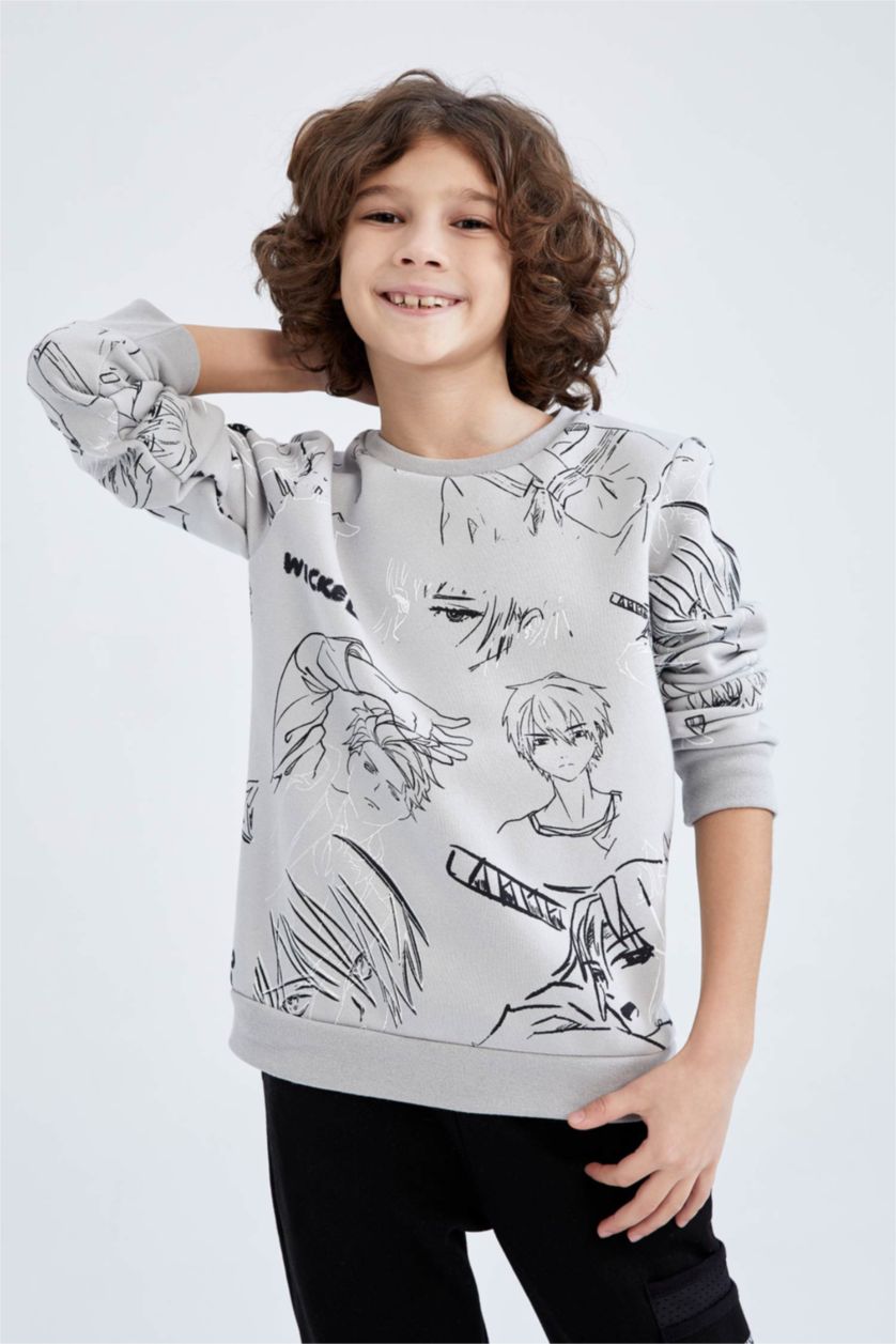 BOYS & TEENS Light Grey Regular Fit Printed Crew Neck Sweatshirt