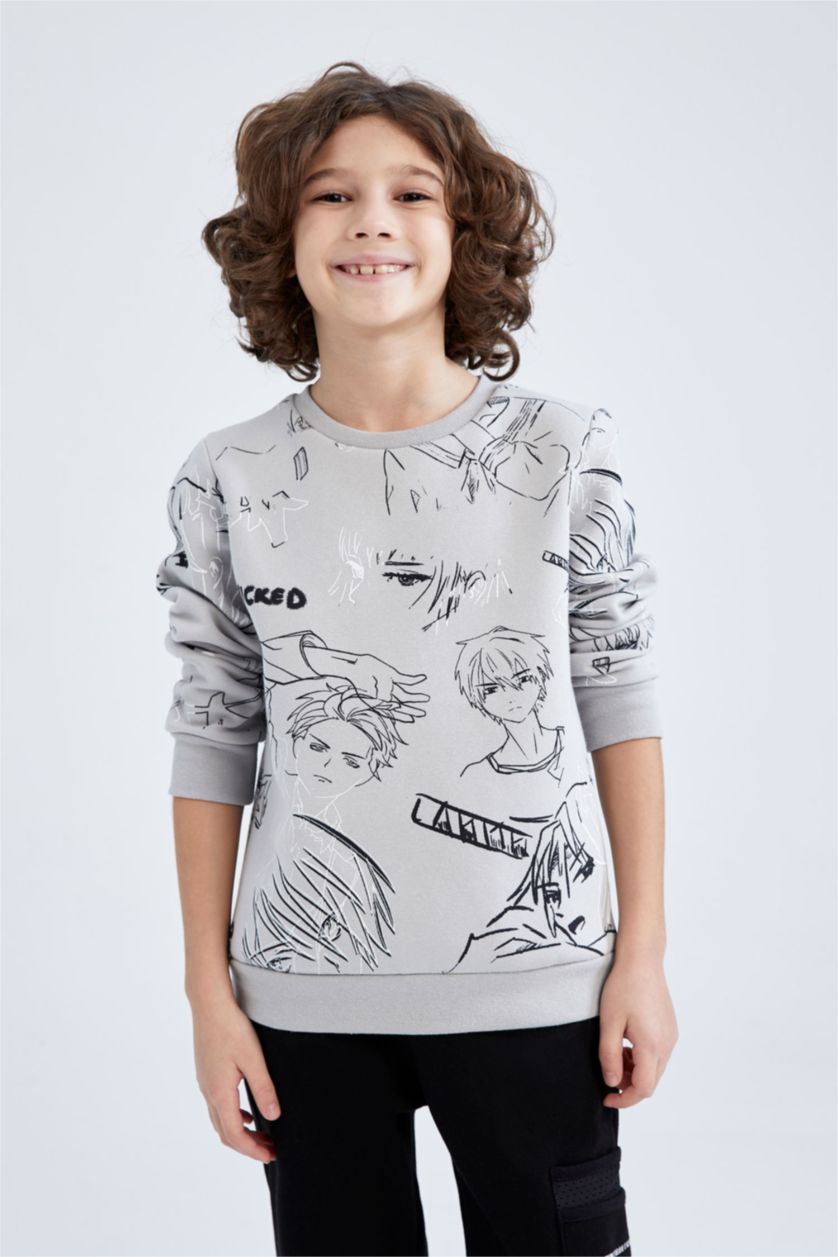BOYS & TEENS Light Grey Regular Fit Printed Crew Neck Sweatshirt