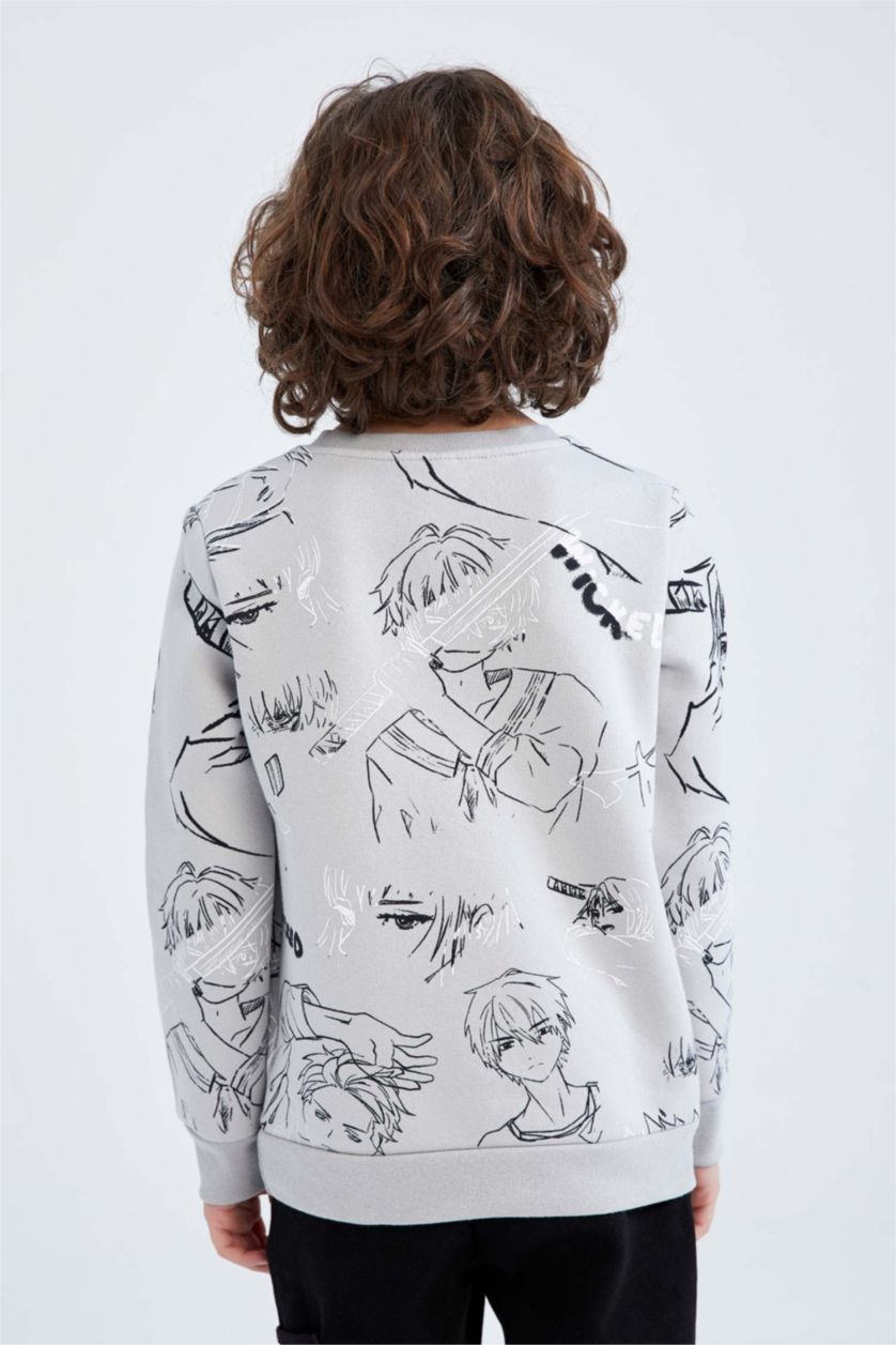 BOYS & TEENS Light Grey Regular Fit Printed Crew Neck Sweatshirt