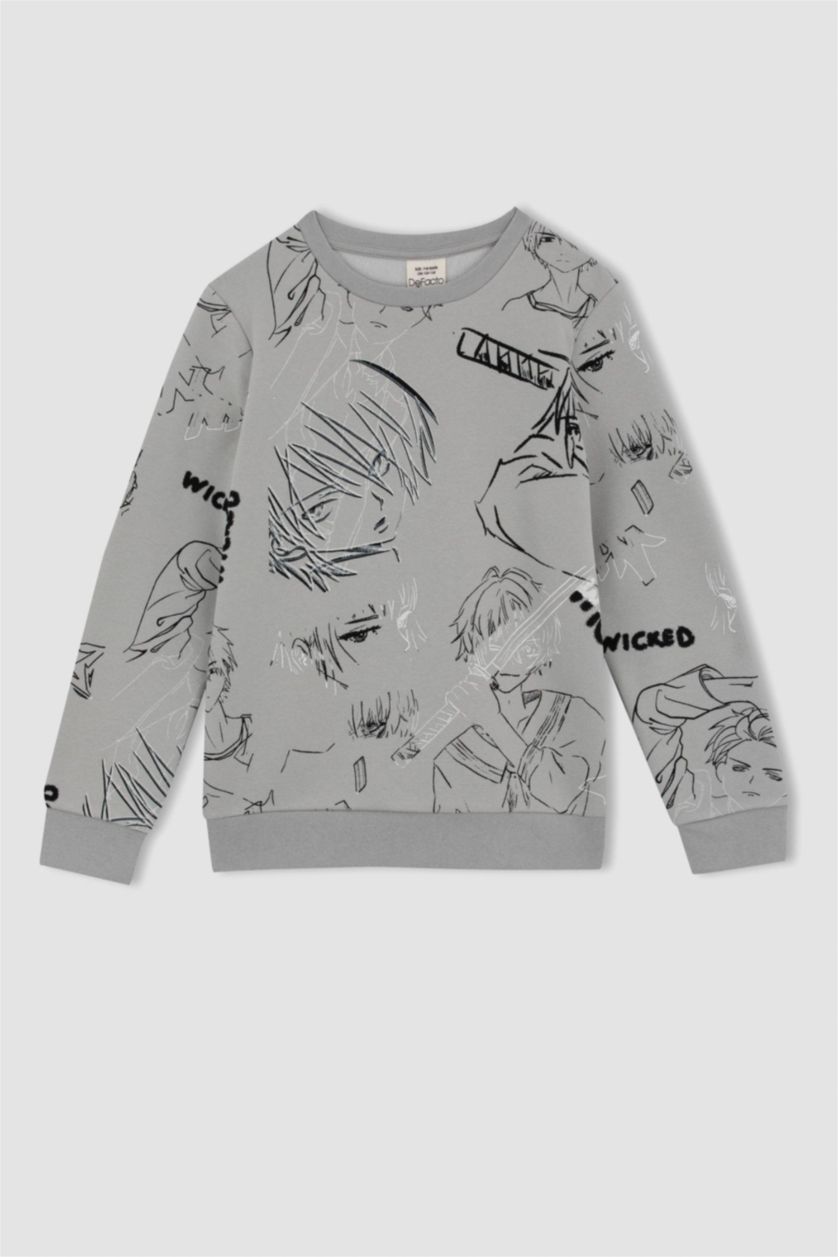 BOYS & TEENS Light Grey Regular Fit Printed Crew Neck Sweatshirt