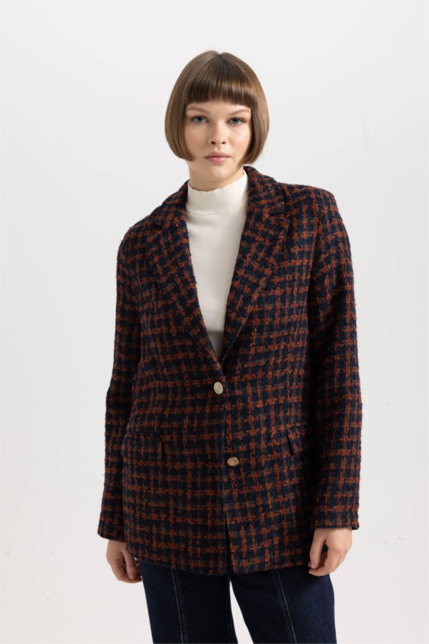 حريمي بني جاكيت بليزر كاروهات تويد قصة مريحة