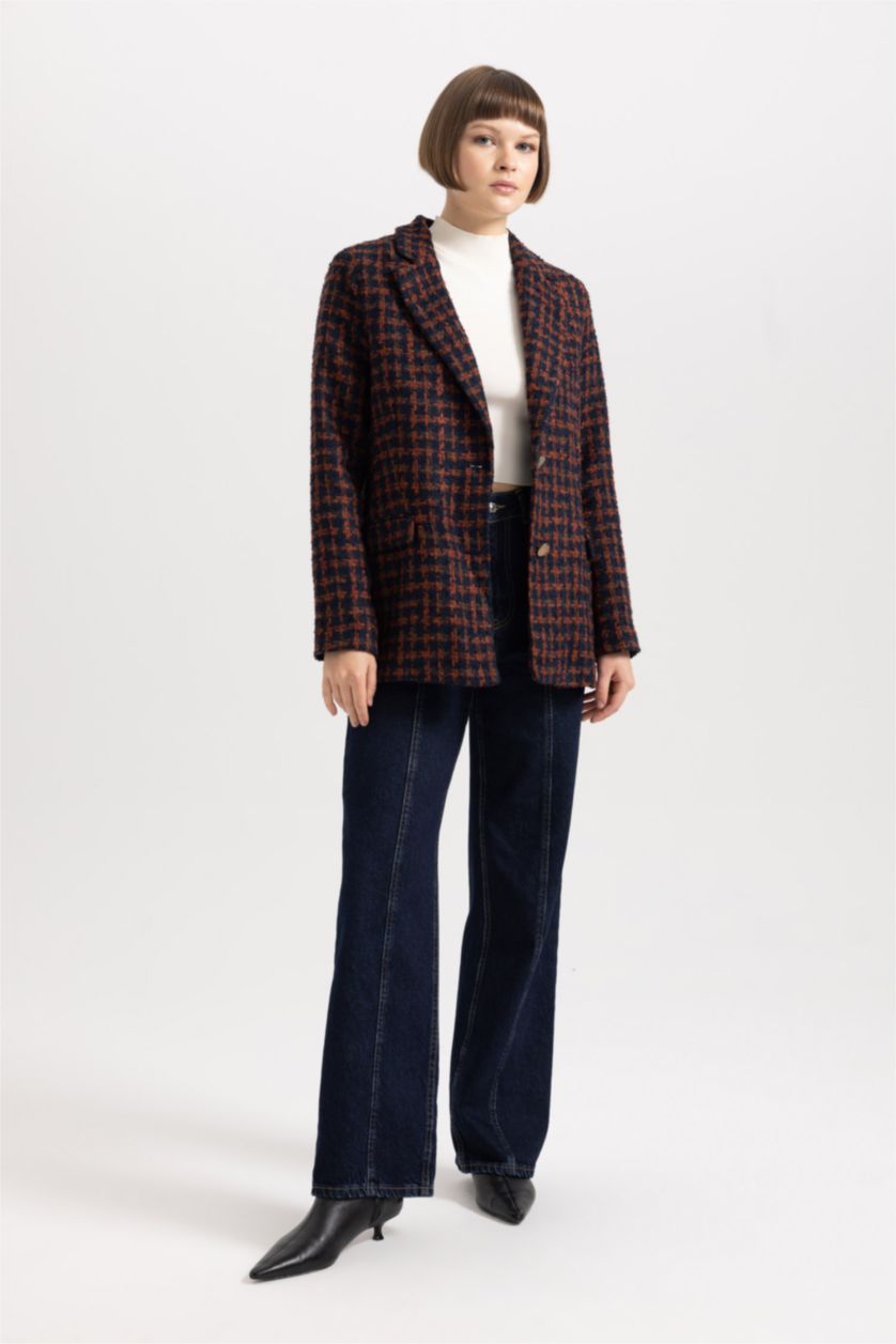 حريمي بني جاكيت بليزر كاروهات تويد قصة مريحة