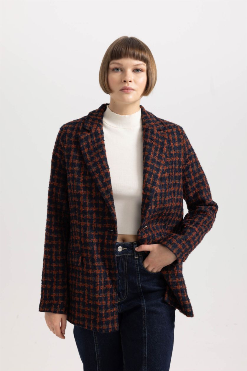 حريمي بني جاكيت بليزر كاروهات تويد قصة مريحة