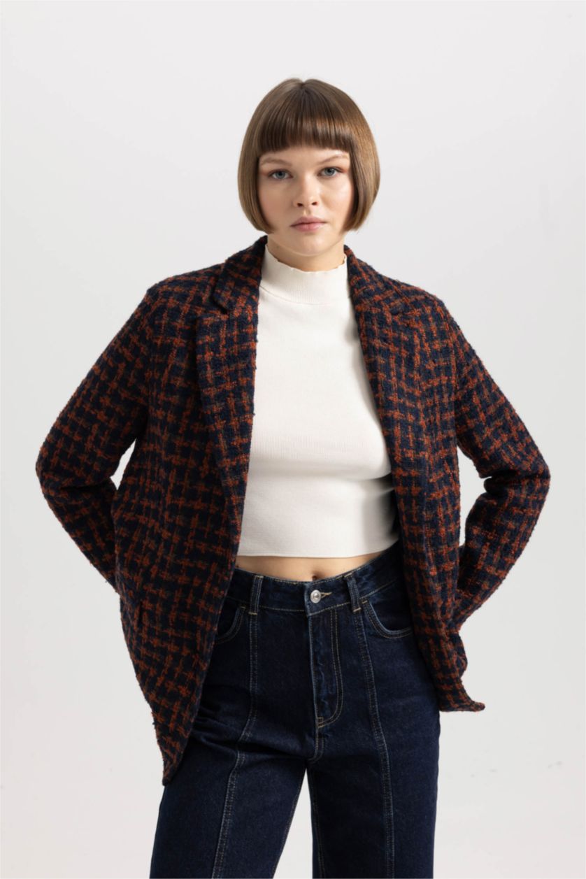 حريمي بني جاكيت بليزر كاروهات تويد قصة مريحة