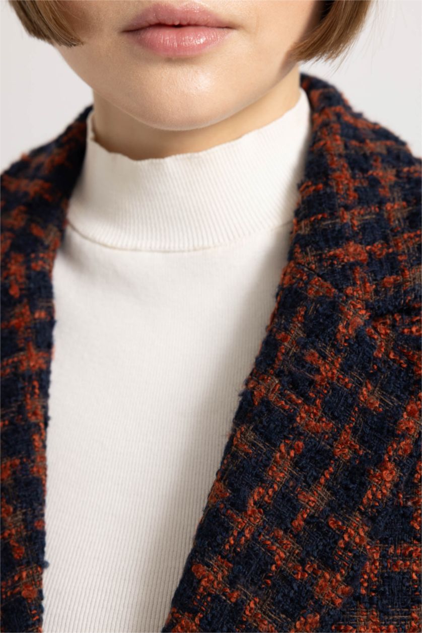 حريمي بني جاكيت بليزر كاروهات تويد قصة مريحة