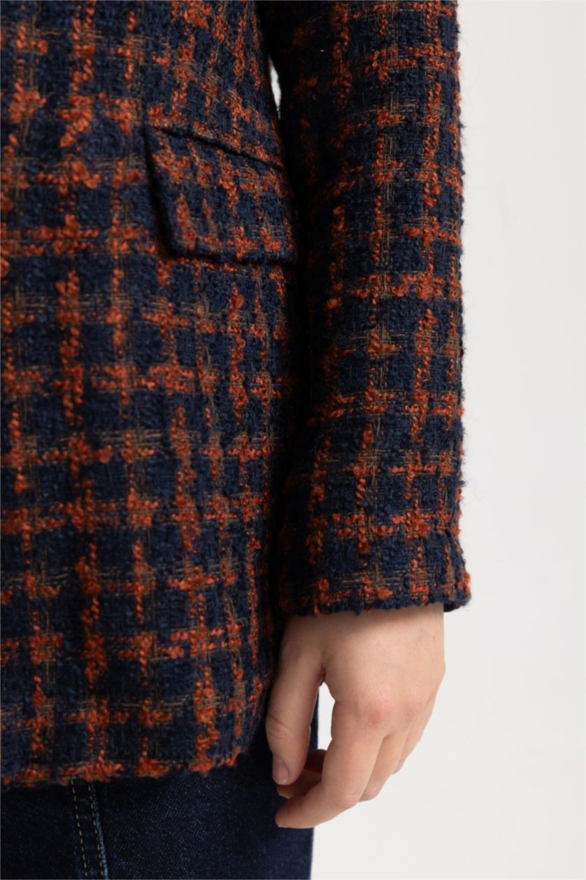 حريمي بني جاكيت بليزر كاروهات تويد قصة مريحة