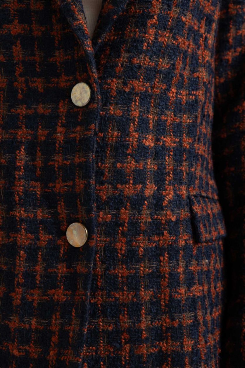 حريمي بني جاكيت بليزر كاروهات تويد قصة مريحة