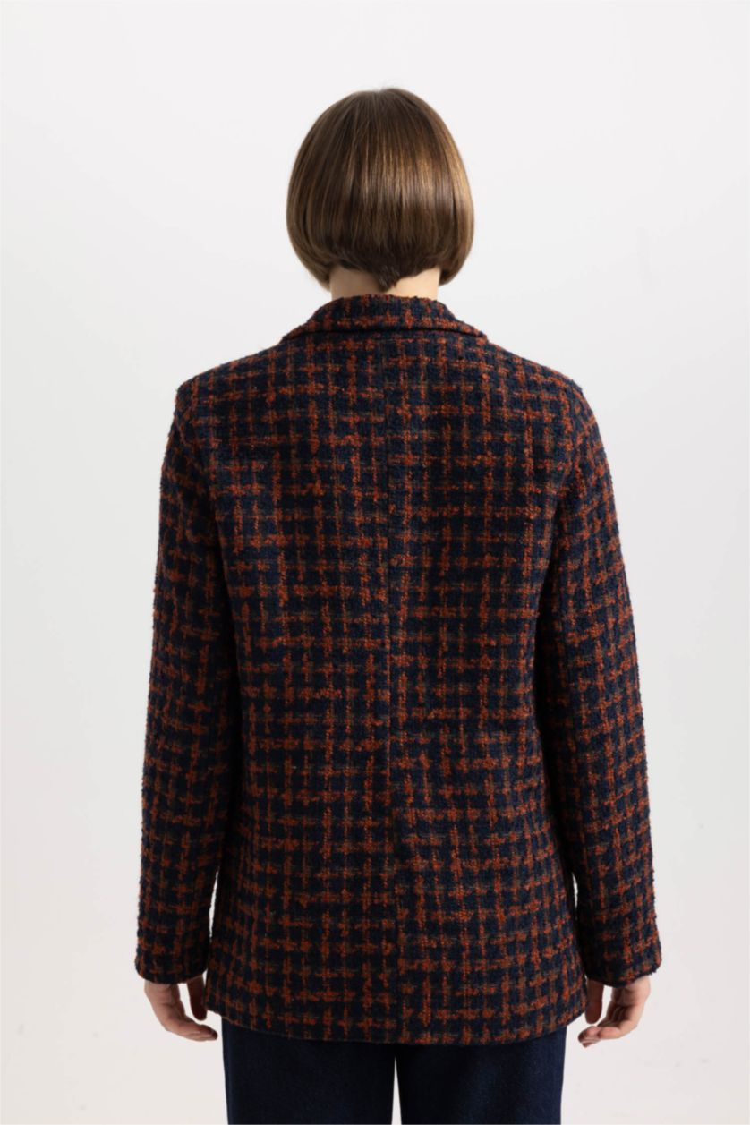 حريمي بني جاكيت بليزر كاروهات تويد قصة مريحة