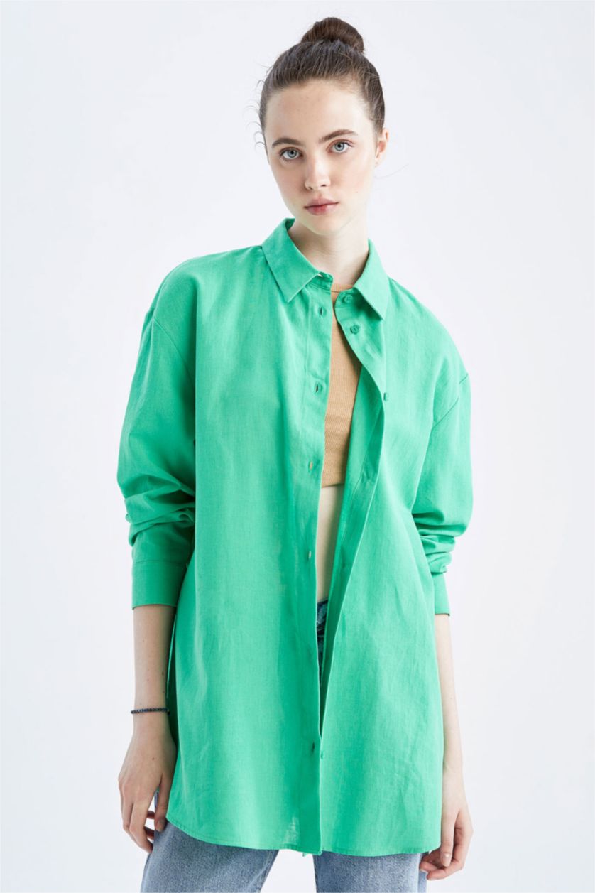 FEMME Vert Chemises à manches longues Lin Mélangé Col De Chemise