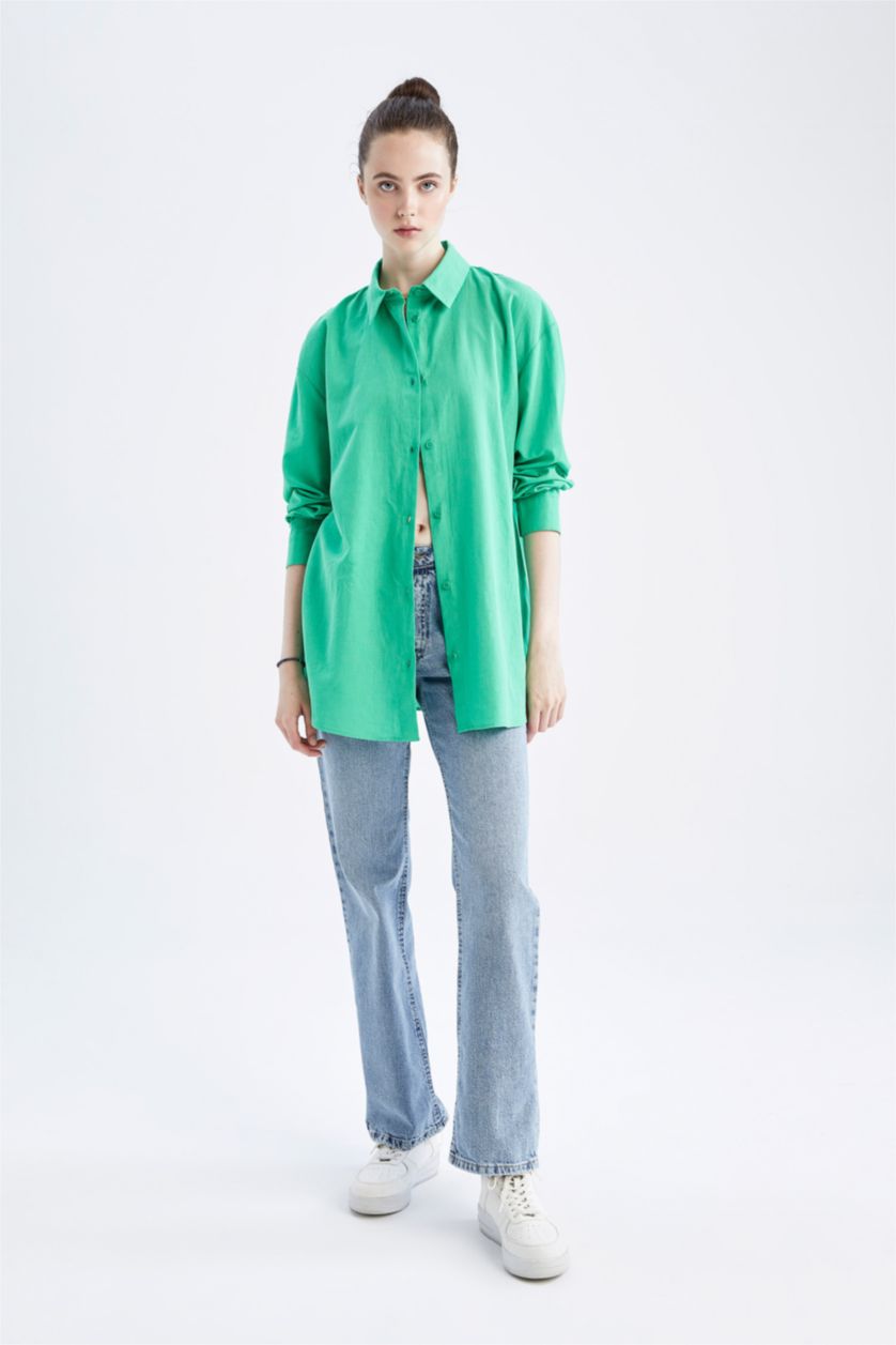 FEMME Vert Chemises à manches longues Lin Mélangé Col De Chemise