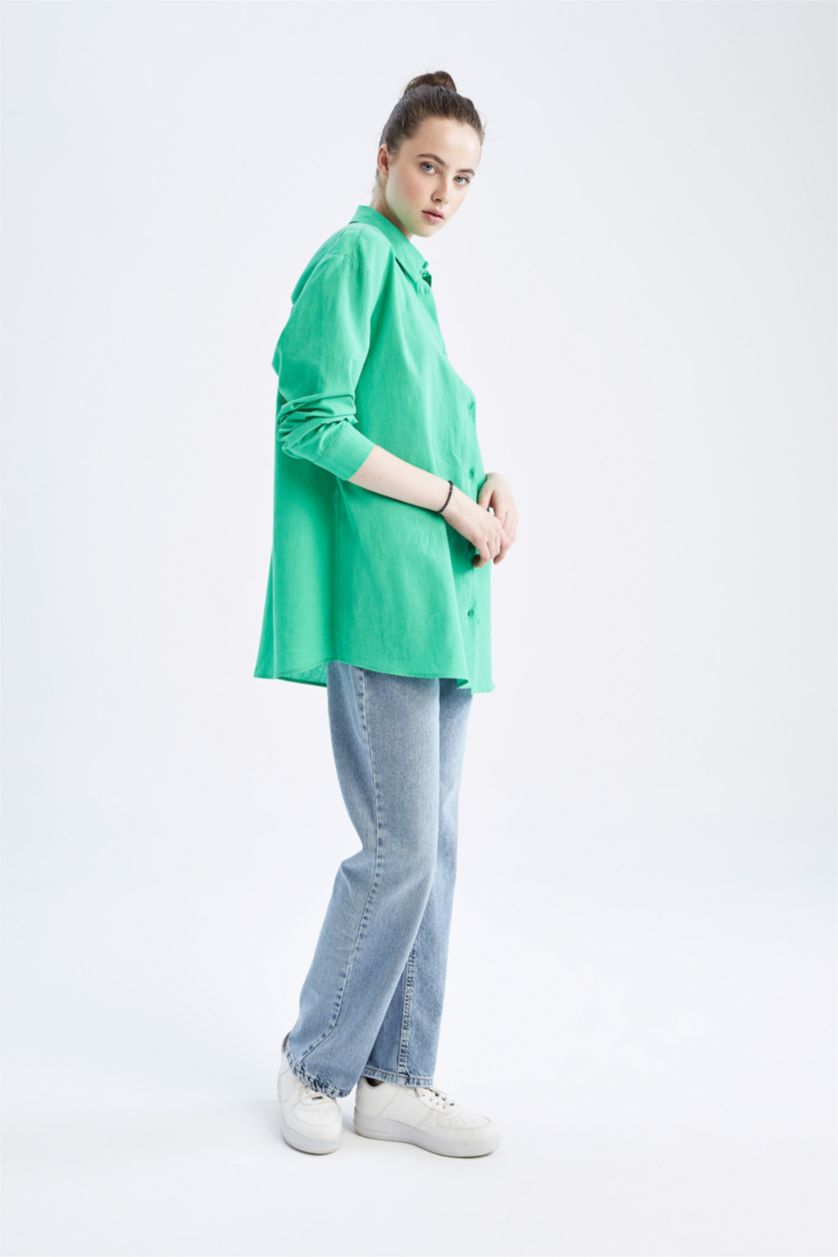 FEMME Vert Chemises à manches longues Lin Mélangé Col De Chemise