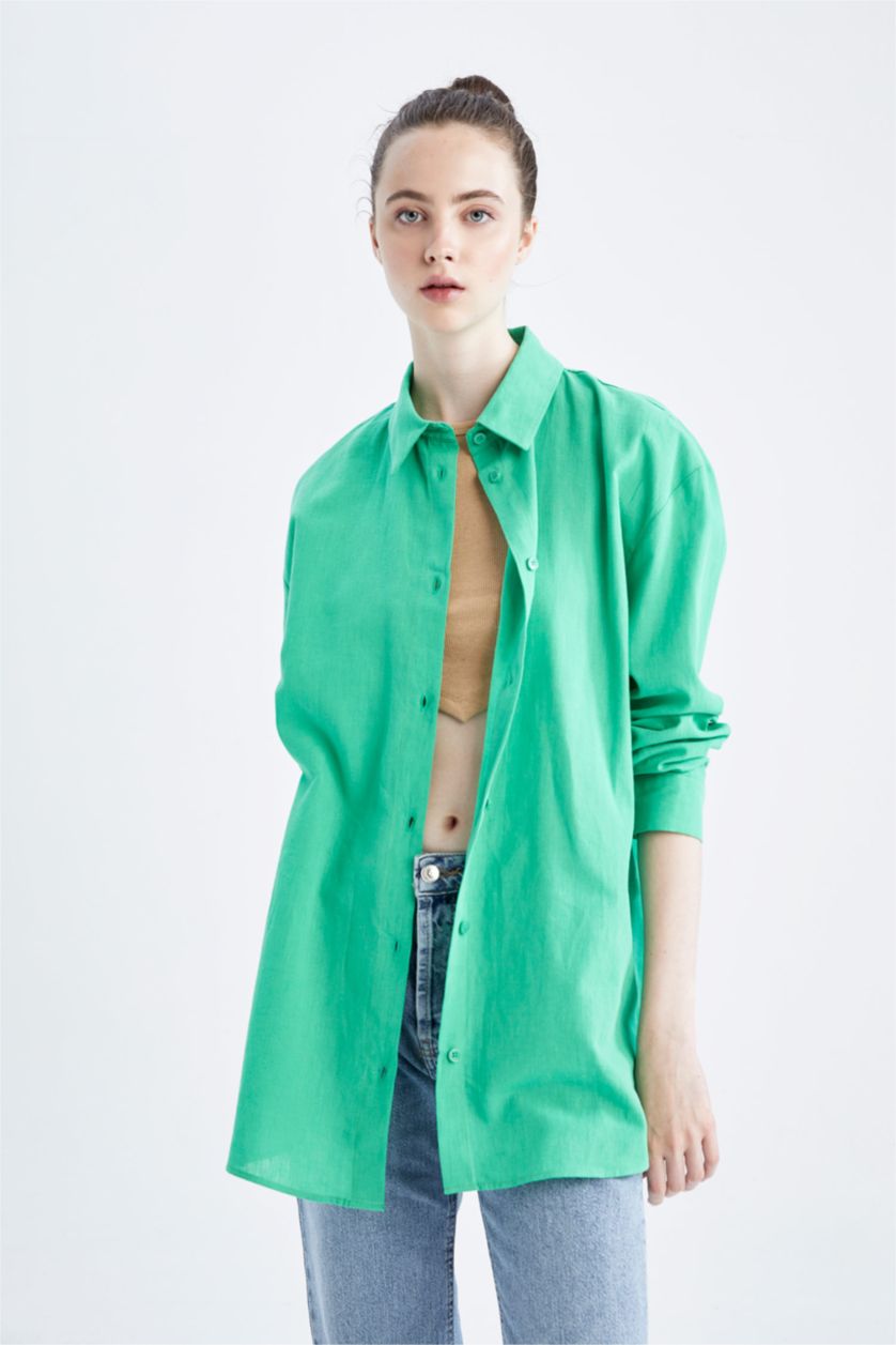 FEMME Vert Chemises à manches longues Lin Mélangé Col De Chemise