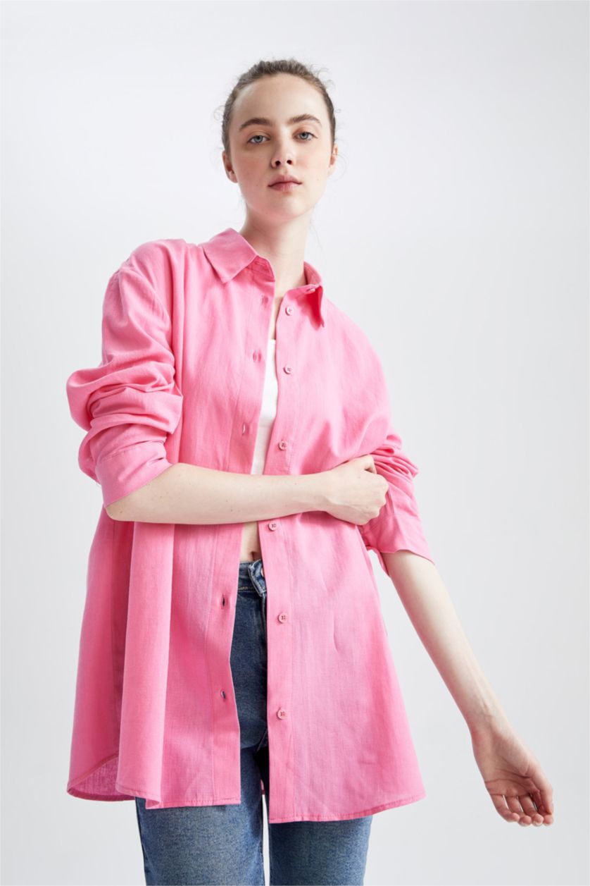 WOMAN Pink Oversize Fit Linen Blended Long Sleeve Shirt
